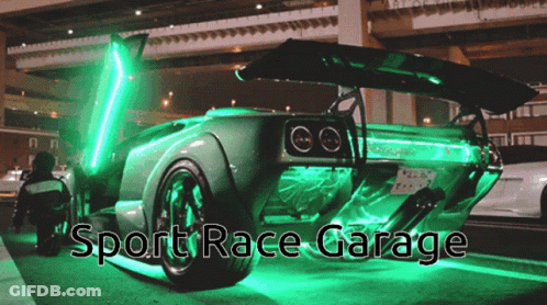 A Green Car Is Parked In A Garage With The Words Sport Race Garage GIF