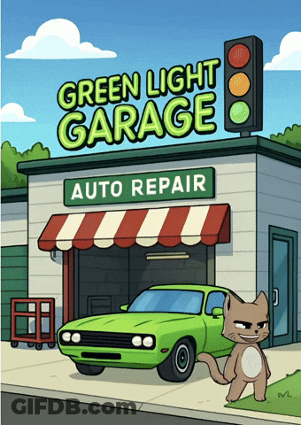 A Green Car Is Parked In Front Of A Garage That Says Green Light Garage Auto Repair GIF