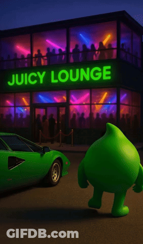 A Green Car Is Parked In Front Of A Neon Lit Juicy Lounge GIF