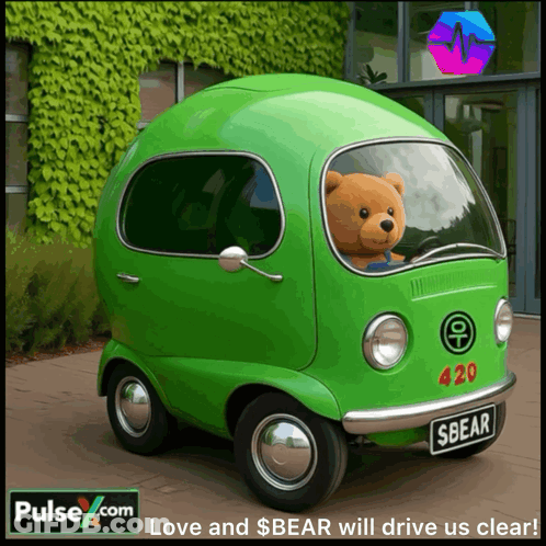 A Green Car With A Teddy Bear Sitting In It GIF