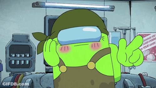 A Green Cartoon Character Giving A Peace Sign In Front Of A Sign That Says " Rewards You With Good Hygiene In Your Hands GIF