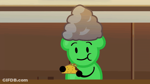 A Green Cartoon Character Is Holding A Taco And Making A Face GIF