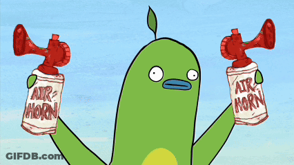 A Green Cartoon Character Is Holding Two Cans Of Air Horn GIF