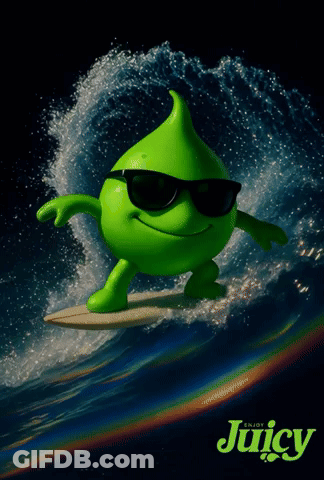 A Green Cartoon Character Is Riding A Wave On A Surfboard With The Words Juicy Below It GIF