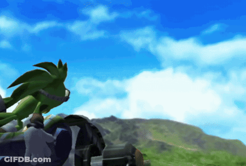 A Green Cartoon Character Is Standing In A Field With A Blue Sky In The Background GIF