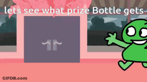 A Green Cartoon Character Is Standing In Front Of A Prize Bottle With The Words Let 'S See What Prize Bottle Gets GIF