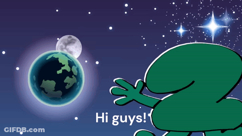 A Green Cartoon Character Says Hi Guys In Front Of A Globe GIF