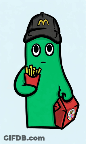 A Green Cartoon Character Wearing A Black Mcdonald 'S Hat GIF