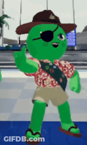 A Green Cartoon Character Wearing A Hawaiian Shirt And A Cowboy Hat Is Giving A Thumbs Up GIF