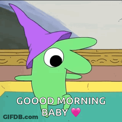 A Green Cartoon Character Wearing A Purple Hat Says " Good Morning Baby " GIF