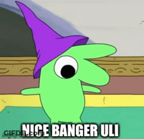 A Green Cartoon Character Wearing A Purple Witch Hat Says Nice Banger Uli . GIF