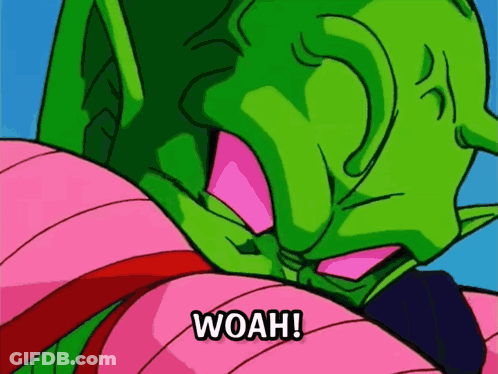 A Green Cartoon Character With A Pink Face And The Words Woah On The Bottom GIF