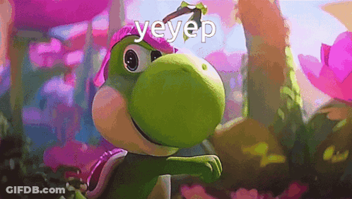 A Green Cartoon Character With A Pink Hat And The Word Yeyep Written On The Bottom GIF