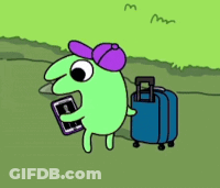 A Green Cartoon Character With A Purple Hat And A Blue Suitcase GIF