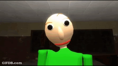 A Green Cartoon Character With Big Eyes And A Red Mouth Is Standing In A Classroom . GIF
