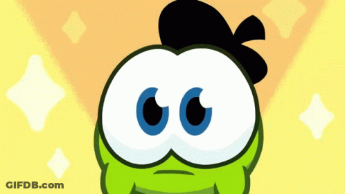 A Green Cartoon Character With Blue Eyes And A Black Hair GIF