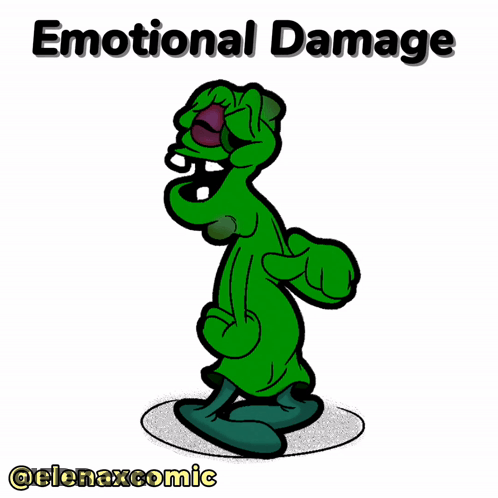A Green Cartoon Character With Emotional Damage Written On The Bottom GIF