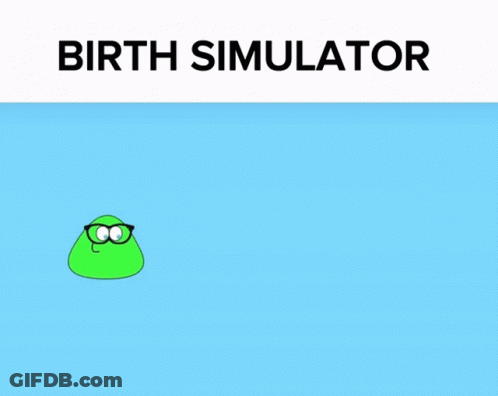 A Green Cartoon Character With Glasses And A Yellow Egg On A Pink Background With The Words Birth Simulator Below It GIF