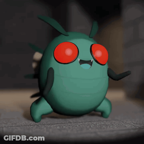 A Green Cartoon Character With Red Eyes And A Mouth Open GIF