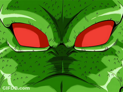 A Green Cartoon Character With Red Eyes And A Mouth GIF