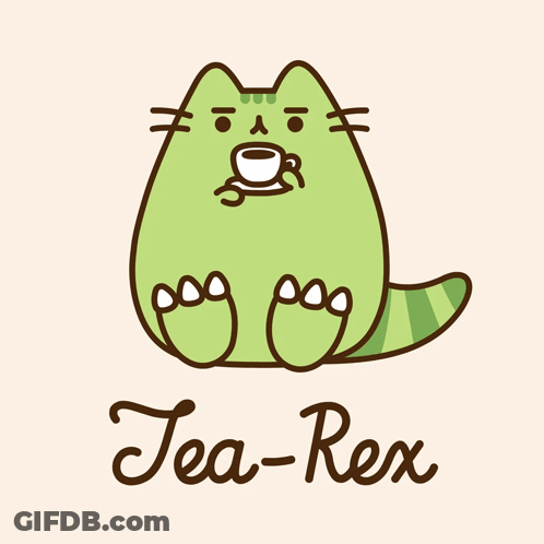 A Green Cat Holding A Cup Of Tea And The Name Tea-Rex GIF