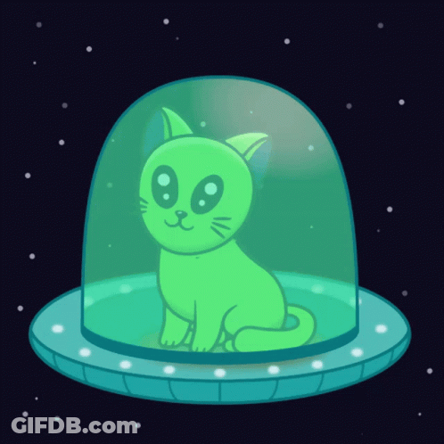 A Green Cat Is Sitting Inside Of A Glass Dome In A Spaceship GIF