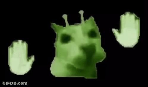 A Green Cat With A Crown On Its Head And Two Green Hands Behind It . GIF
