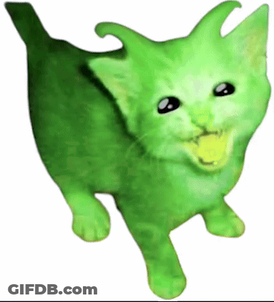 A Green Cat With A Yellow Ball In Its Mouth Is Looking At The Camera GIF