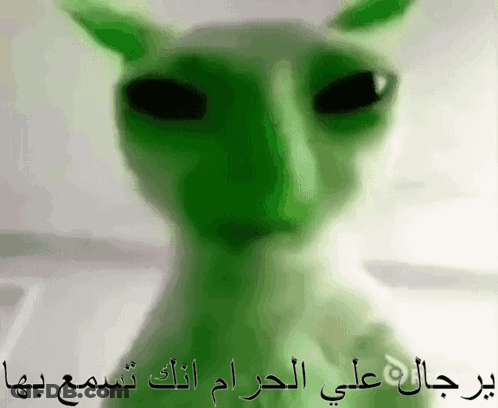 A Green Cat With Black Eyes And Arabic Writing On It GIF