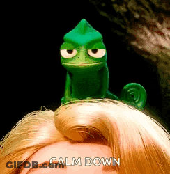 A Green Chameleon Is Sitting On Top Of A Woman 'S Head And The Words Calm Down Are Below It GIF