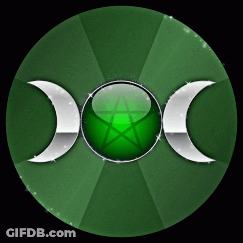 A Green Circle With Three Crescent Moons And A Pentagram In The Middle GIF