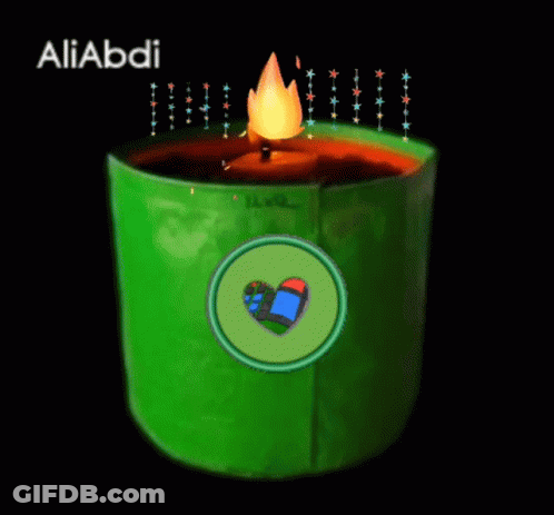 A Green Container With A Candle Inside Of It And The Name Aliabadi On The Bottom GIF