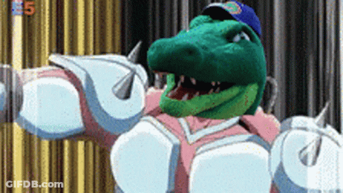 A Green Crocodile Wearing A Blue Hat And White Armor GIF