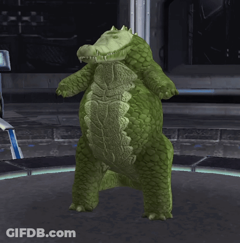 A Green Crocodile With Spikes On Its Head Is Dancing GIF