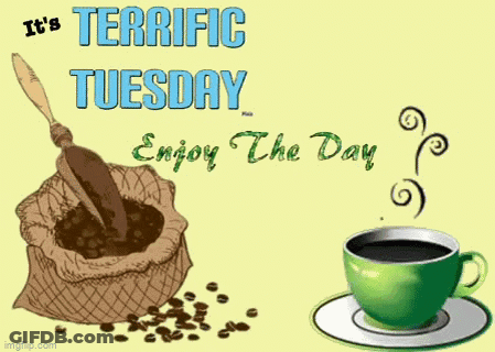 A Green Cup Of Coffee Sits Next To A Bag Of Coffee Beans On A Saucer . GIF