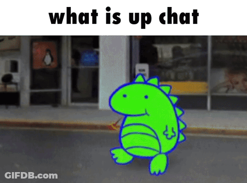 A Green Dinosaur Is Walking Down A Street With The Words What Is Up Chat Below It GIF
