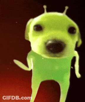 A Green Dog With A Red Background And Antennas On Its Head GIF