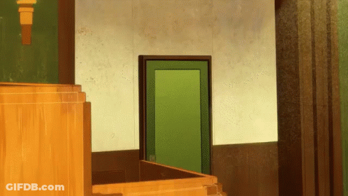 A Green Door Is Open In A Room With Stairs GIF
