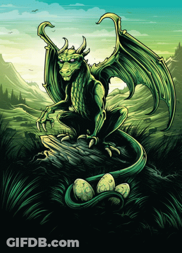A Green Dragon Is Sitting On A Rock With Eggs GIF