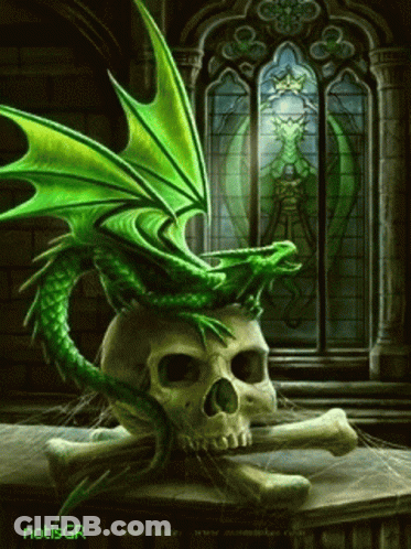 A Green Dragon Is Sitting On Top Of A Skull And Crossbones In Front Of A Stained Glass Window GIF