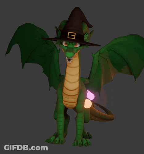 A Green Dragon Wearing A Witch Hat With A Gold Buckle GIF