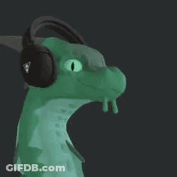 A Green Dragon Wearing Headphones With A Triangle On Them . GIF