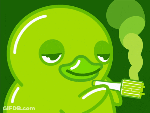 A Green Duck Smoking A Cigarette With Smoke Coming Out Of His Mouth GIF