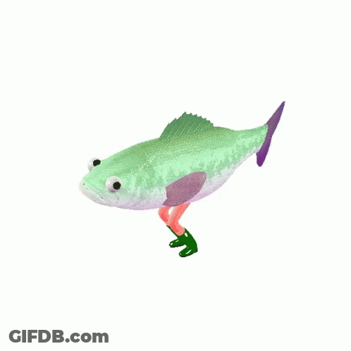 A Green Fish With A Purple Tail Is Wearing Green Socks GIF