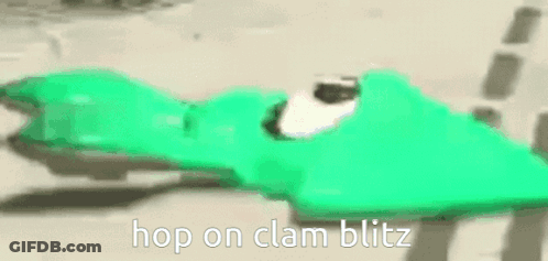 A Green Frog Is Laying On The Ground With The Words `` Hop On Clam Blitz '' . GIF