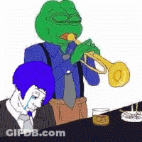 A Green Frog Is Playing A Trumpet Next To A Blue Man GIF