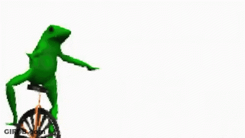 A Green Frog Is Riding A Bike With The Words `` Here Come Dat Boi '' . GIF
