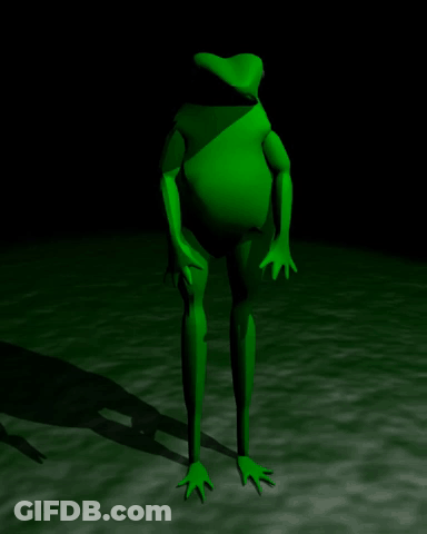 A Green Frog Is Standing In A Dark Room With A Black Background . GIF