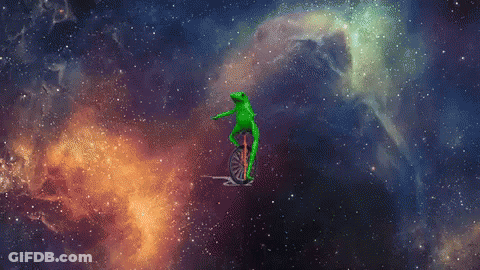 A Green Frog Riding A Bike In Space GIF