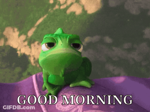 A Green Frog Sitting On A Purple Blanket With The Words Good Morning Written Below It GIF